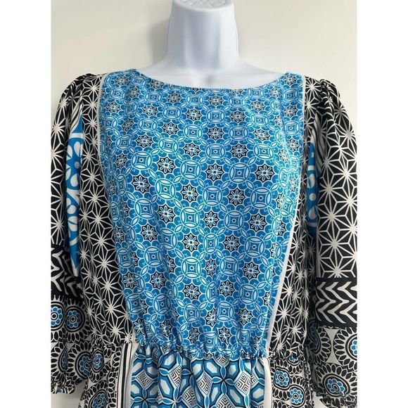 LOFT Blue/Black Ocean Mosaic Print Midi Tassell Dress Small‎ - Picture 5 of 10